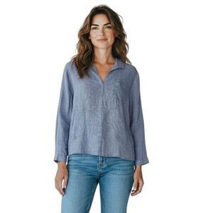 J Jill Love Linen Top Womens Medium Blue Long Sleeve Popover Coastal Minimalist